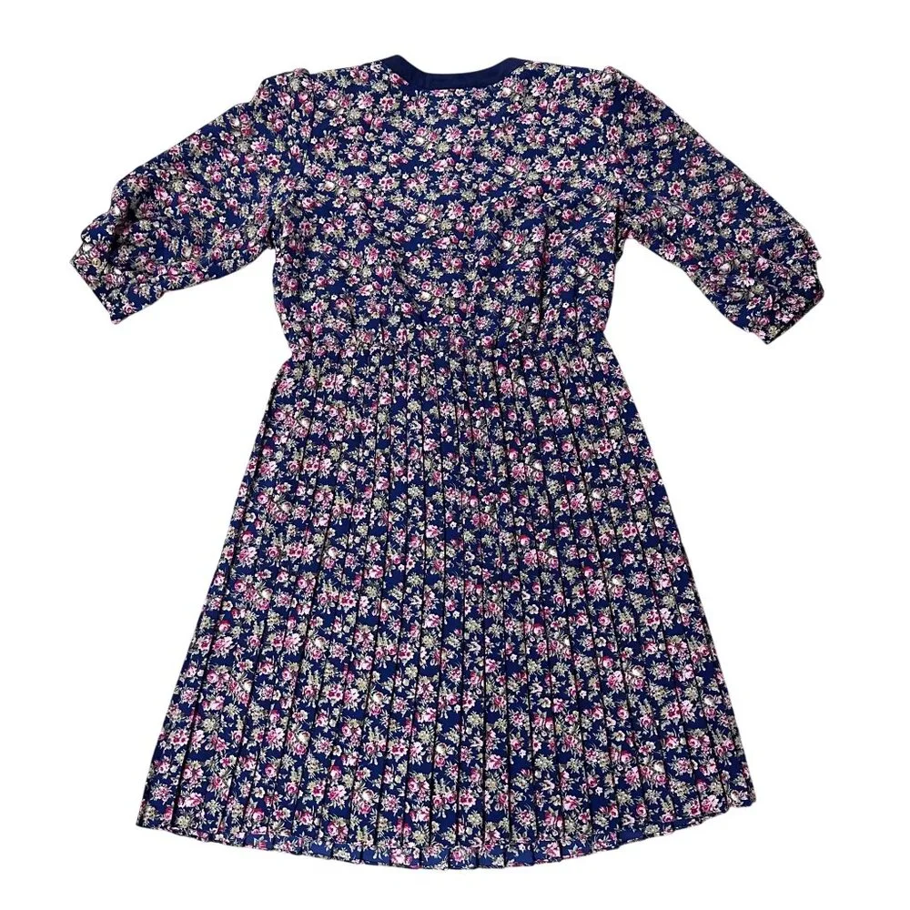 Vintage Floral Pleated Dress Navy Blue Pink Rose 80s Union Made USA Button Front - Picture 3 of 9